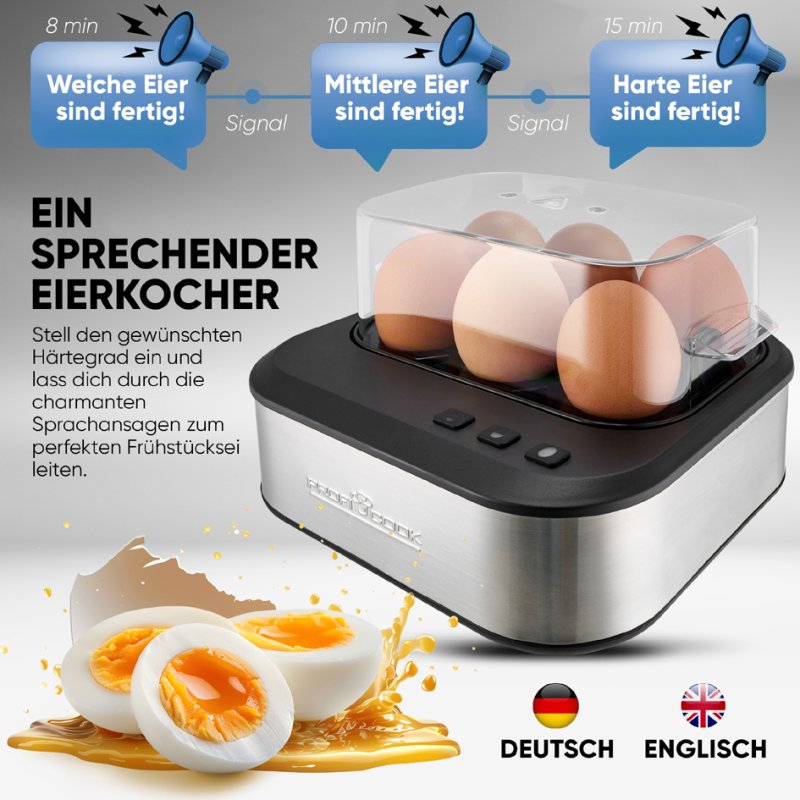PROFI COOK cuiseur à œufs PC-EK 1276, fonction vocale, 6 œufs, acier inoxydable
